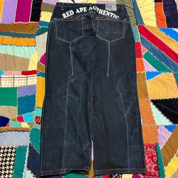 Red Ape Y2K White Embroidered Dark Washed Baggy Jeans 36Wx30L - Picture 1 of 7
